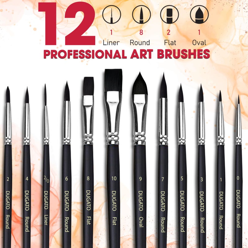 DUGATO Watercolor Brushes Professional, DUGATO 12pc Artist Paint Brush Set - Synthetic Bristles (Round, Flat, Liner, Oval) for Watercolor Gouache Inks Painting - Image 2